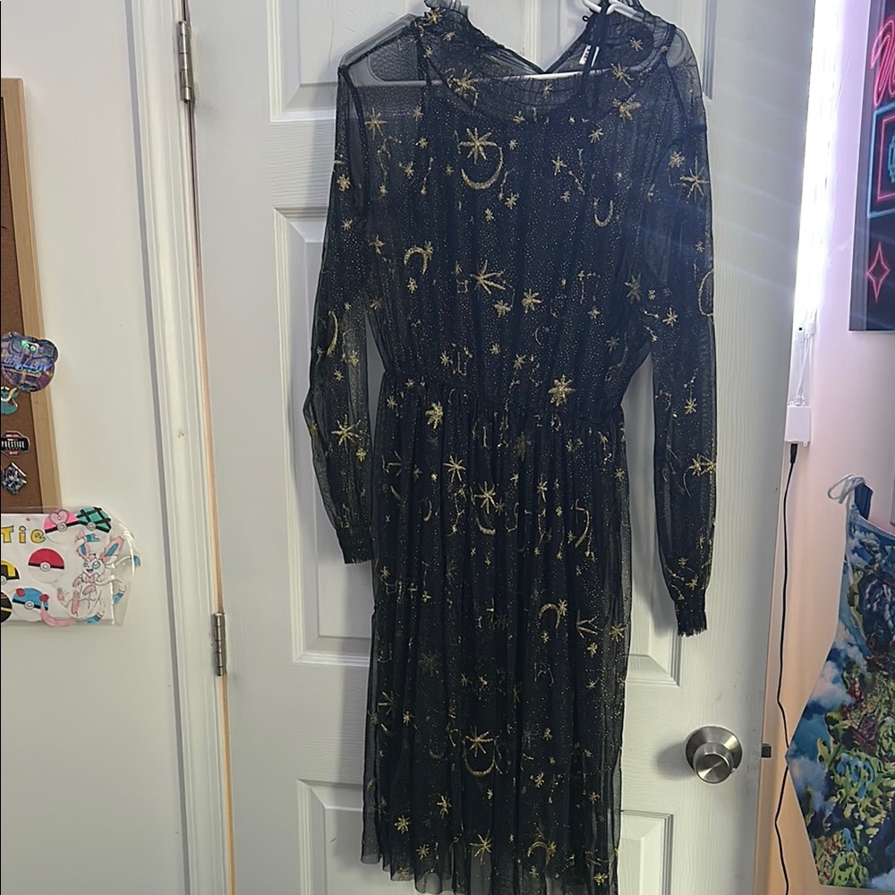 Youmu Black Mesh Celestial Midi Dress – Moon & Star Print Witchy Gothic Dress